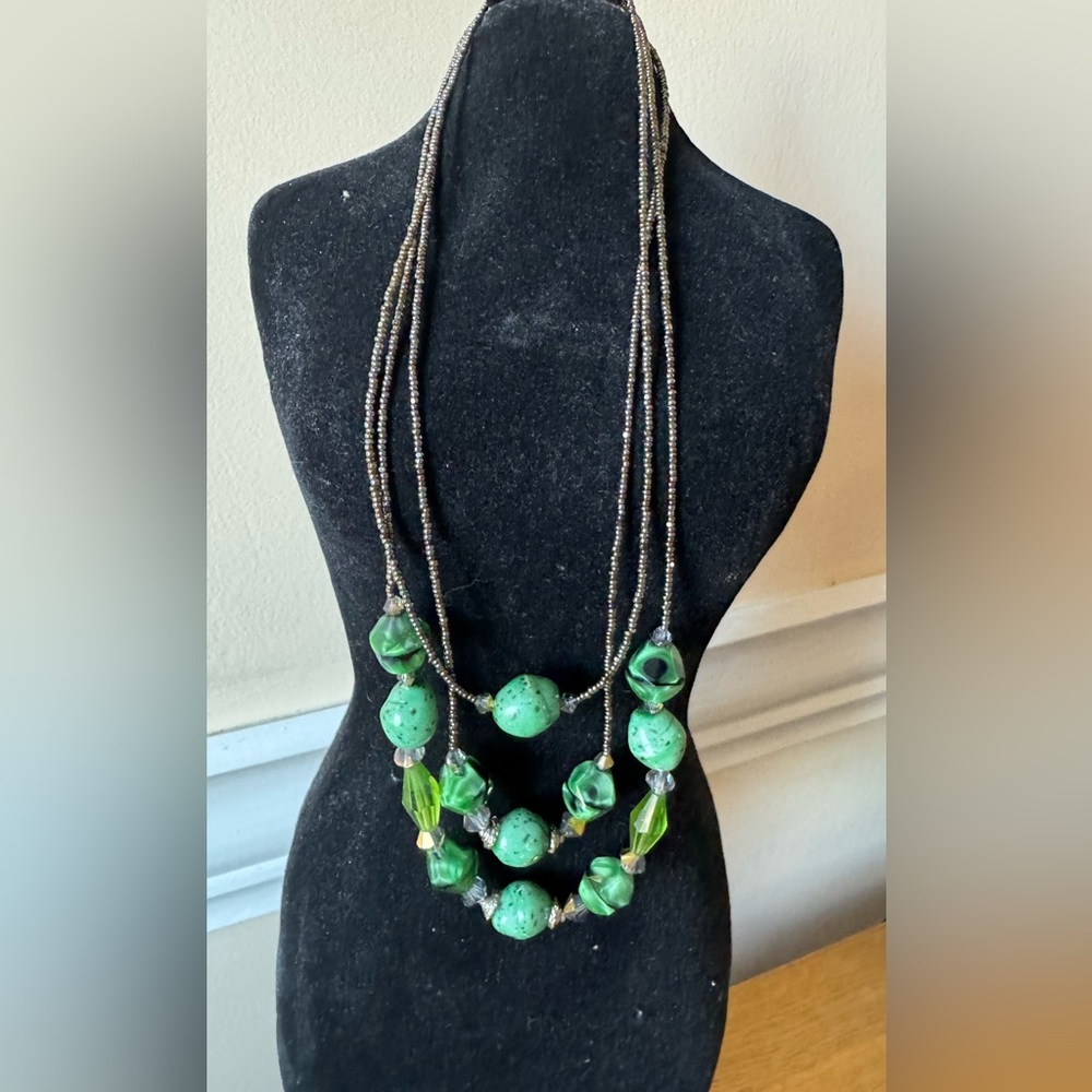 Jade Green Colored Jeweled Triple Layered Necklace